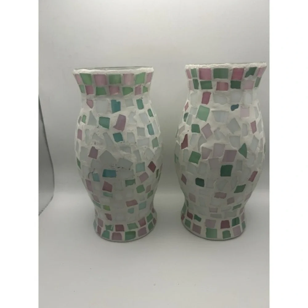 2-PC Mosaic Tile Stain Glass‎ Hurricane Candle Holders 9